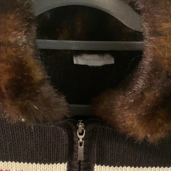 charter Club Aztec full zip sweater with faux mink collar - Picture 3 of 4
